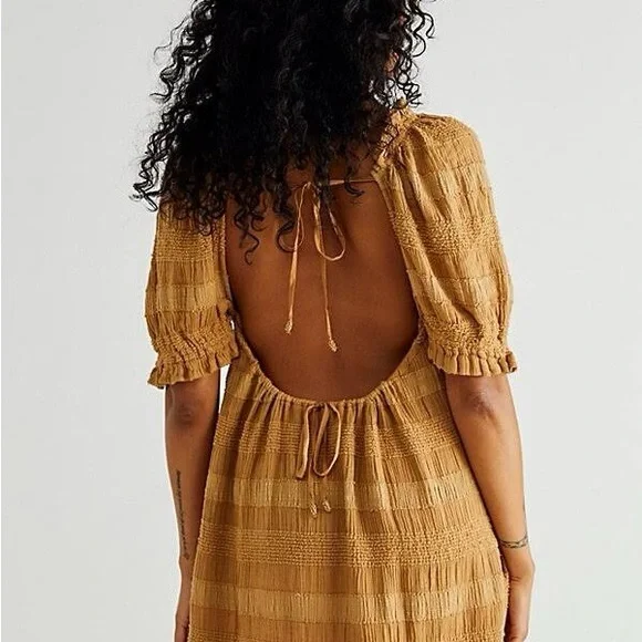 NEW Free People tan wheat babydoll dress size M puff sleeves open back - Picture 2 of 8